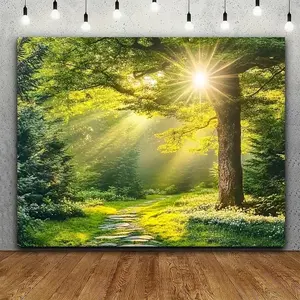 1pc Spring Forest Path Sunlight Floral Photography Backdrop, Polyester Fabric, Natural Scenery Portrait Pet Photo Prop, Large Wall Decor