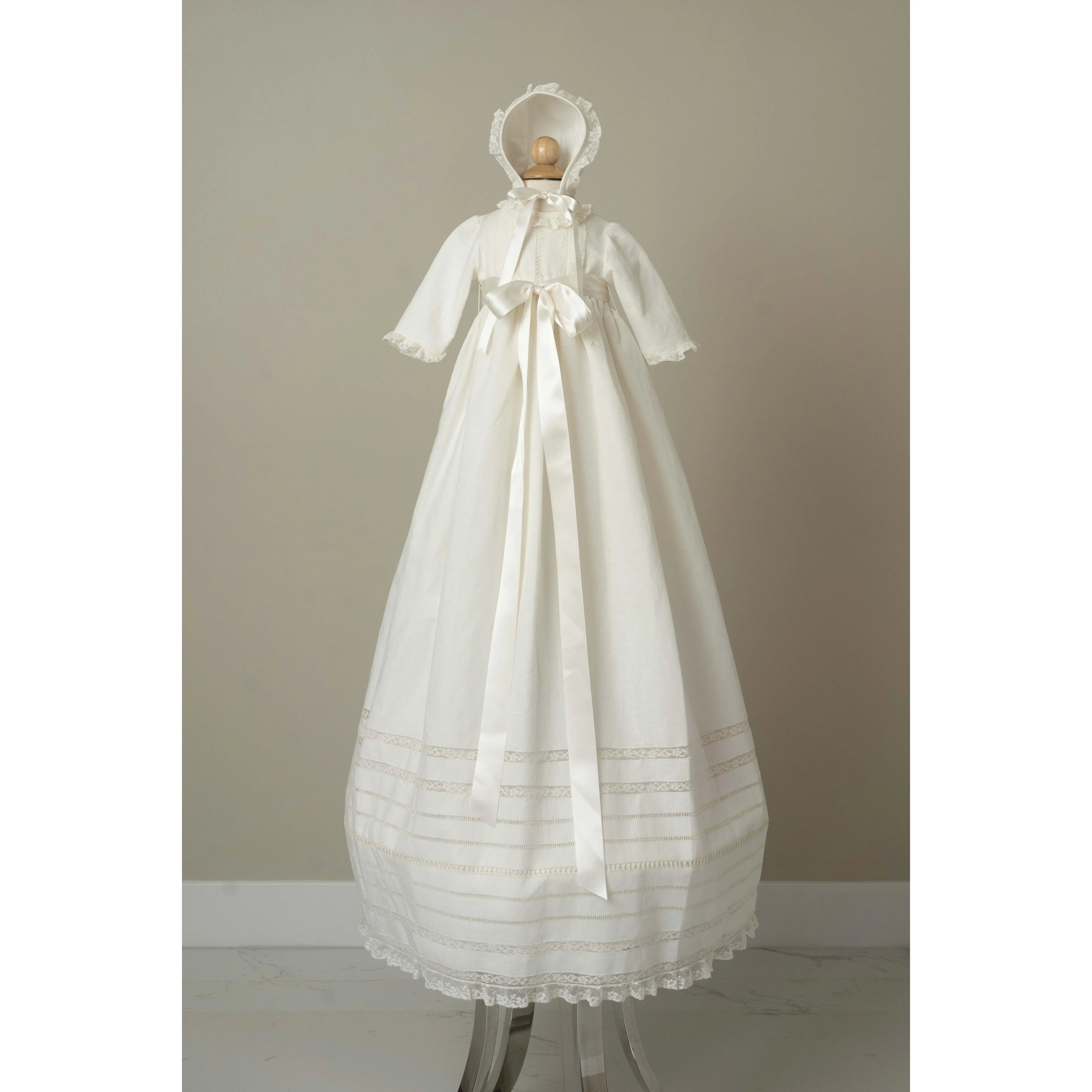 Women's Artisanal Heirloom Ivory Christening Gown & Matching Bonnet Set - 100% Organic Cotton Lined, Valencien Lace, Vainicas Details, 105cm, Madrid Formal Dress, Handmade, True To Size, Long, 6M, Baby Sizes Clothes, Skirt-Included Formal Wear