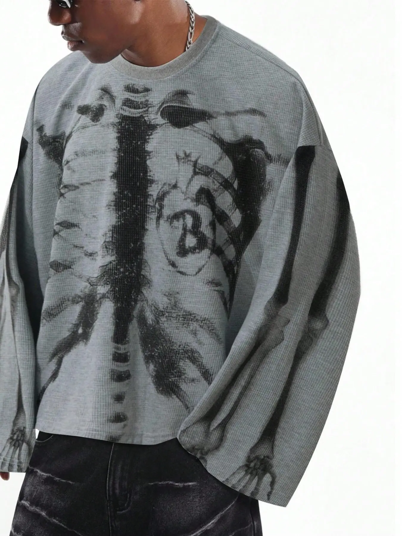 Men's Loose Waffle Graphic Print Long Sleeve T-Shirt, Soft Texture Men's Loose Waffle Graphic Print Long Sleeve T-Shirt, Soft Texture