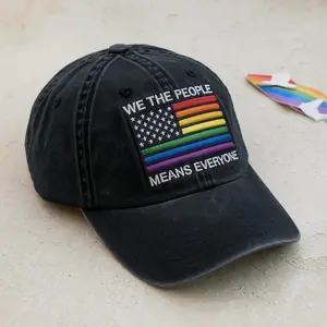 We The People Means Everyone wash Hat, LGBTQ+ Rainbow Flag Embroidered Cap, Washed Black Equality Pride Dad Hat, United For Equality Cap