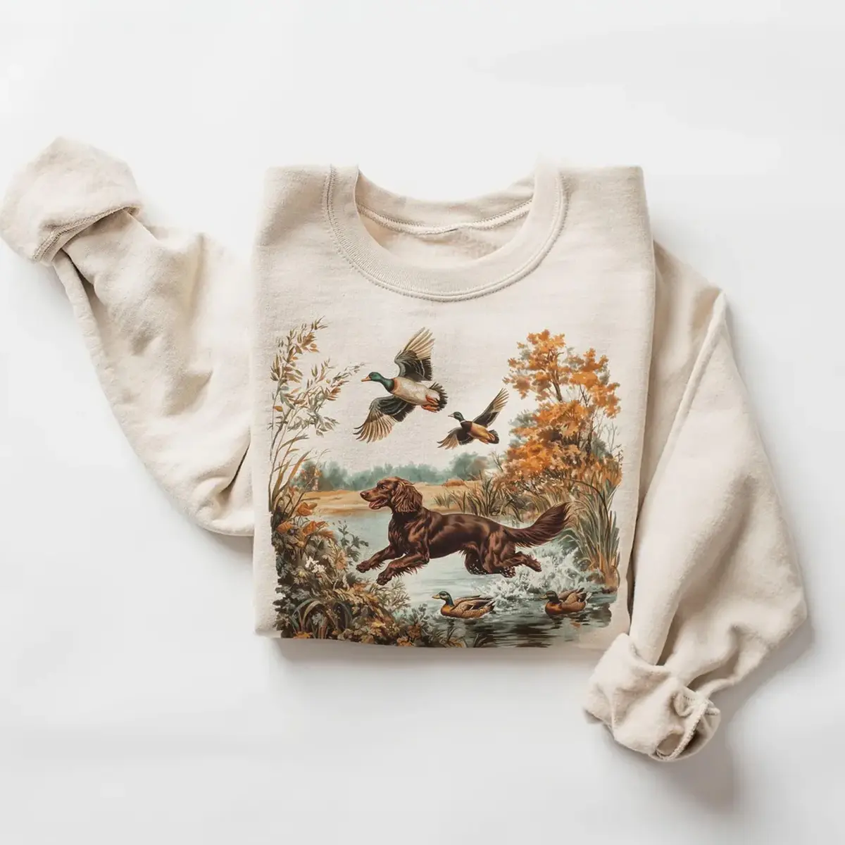 Retro Boykin Spaniel Retrieving Mallard Ducks Sweatshirt - 90s Vintage Cute Dog Breed Hunting Outfit - Boho Unisex Crewneck Sweatshirt
