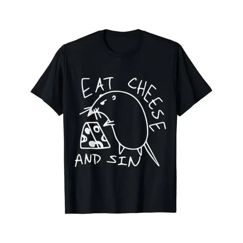 Men's Retro Streetwear Round Neck Tshirt - 100% Pure Cotton Short Sleeve Tee with 'Eat Cheese and Sin' Graphic Print, Casual Top