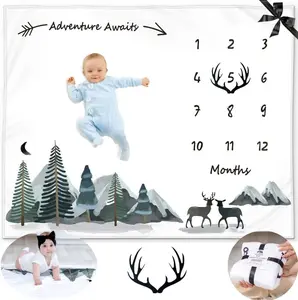 Kemina Blankets Baby Monthly Milestone Blanket for Boys with Felt Frame 50x40 Inch Adventure Mountain Design for Woodland Nursery