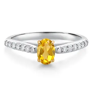 Gem Stone King 10K White and Yellow Gold Yellow Citrine and White Lab Grown Diamond Engagement Ring For Women (0.63 Cttw, Oval 6X4MM, Gemstone November Birthstone)