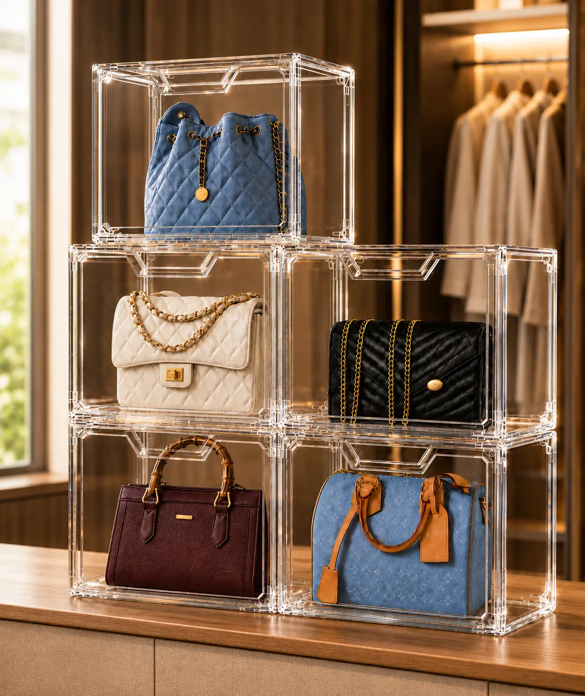 (5 Pack) Smooth Storage Organizer - Stackable Acrylic Bins with Magnetic Lid, Adjustable High-Transparency Boxes for Purse, Handbag, Craft Organization, Easy-Assembly Closet Home Organizer, Rectangle