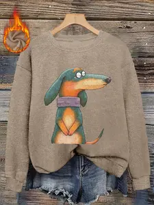 Women's Fall Winter Fitted Animal Print Sweater, Casual Round Neck Knit Top, Cute Sausage Dog Design, Comfortable Leisure Wear