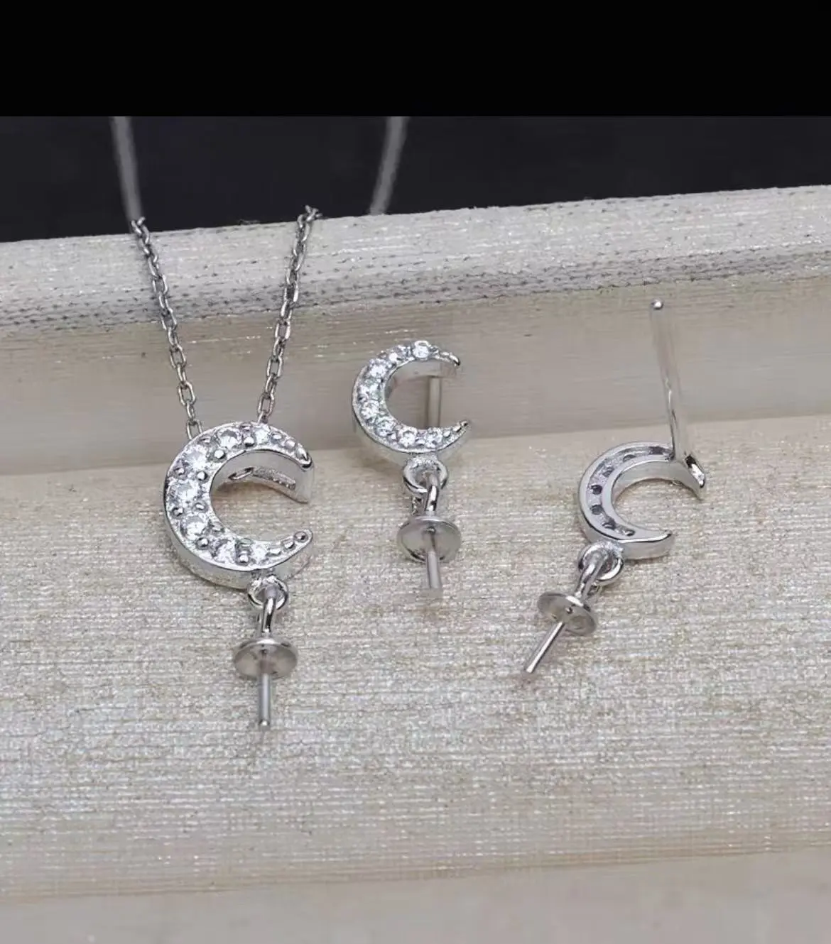 DIY Pearl Jewelry Accessories: S925 Silver Small Moon Pendant & Earring Stud Set