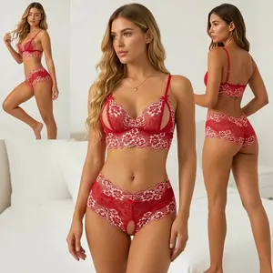 YIAII Women's 2 Piece Lingerie Set Floral Lace Underwire Bra and Strappy Cutout Panty