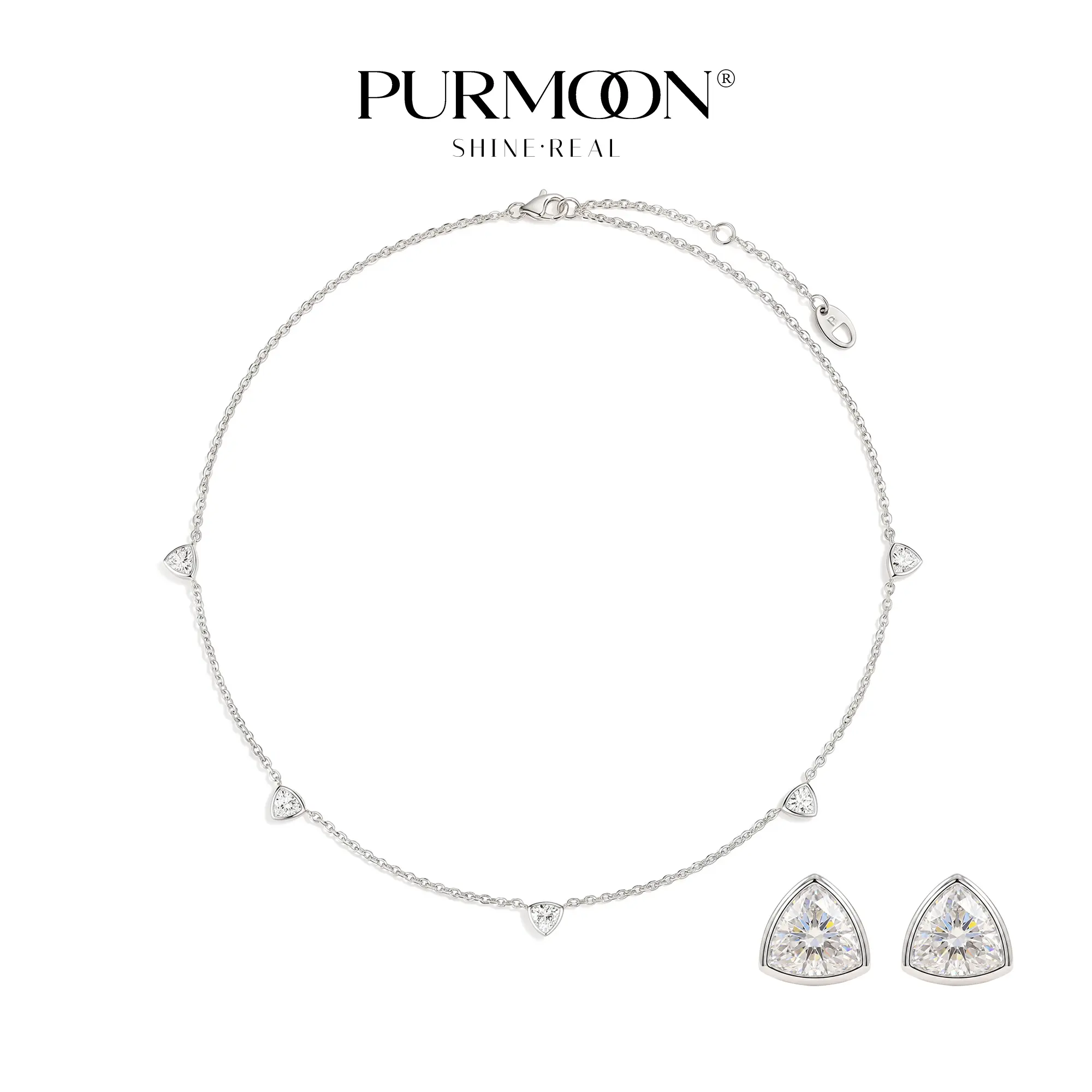 [Vela Spark] Purmoon Elegant S925 Silver Moissanite Jewelry Set, Bezel-Set Triangle 18" Adjustable Necklace & 0.5CT x2 Stud Earrings, Artificial Gemstone Gifts for Her (Birthday, Wedding, Engagement), Elegant Artificial Gemstone Jewelry Sets