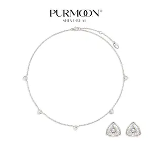 [Vela Spark] Purmoon S925 Moissanite Jewelry Bezel-Set Triangle Necklace & Stud Earrings 18" Adjustable Necklace 0.5CT x2 Earrings Gifts For Her