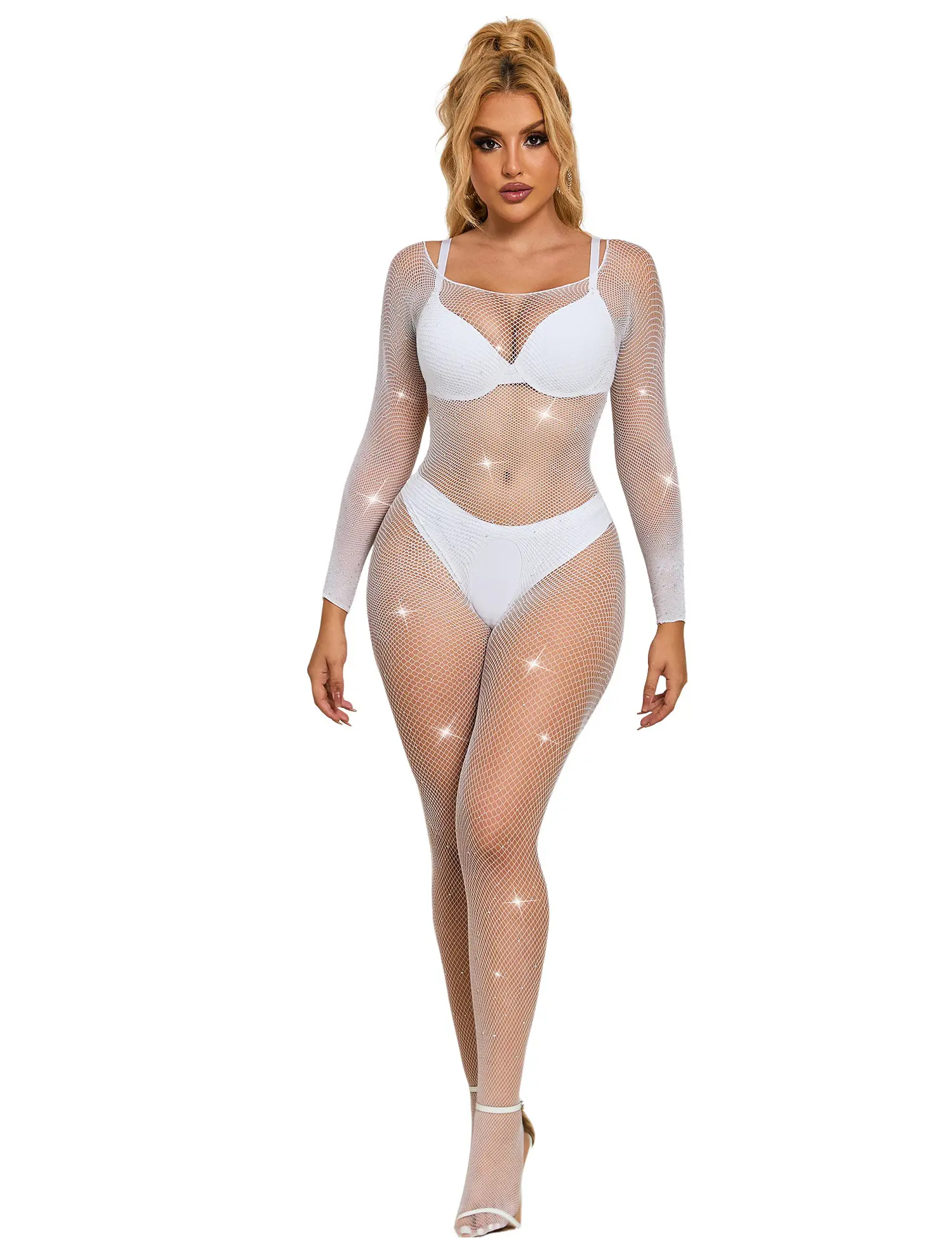 OHYEAH Women's Rhinestone Fishnet Crotchless Teddy Bodysuit - Long Sleeve, Sparkle Mesh, Plus Size, Bridal Lingerie, Fit & Comfortable Chemise