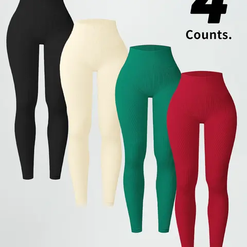 Seamless Ribbed Workout Leggings for Women, High Waist Tummy Control, Butt Lifting Running Tights, 1 2 & 4 Pack Value Set