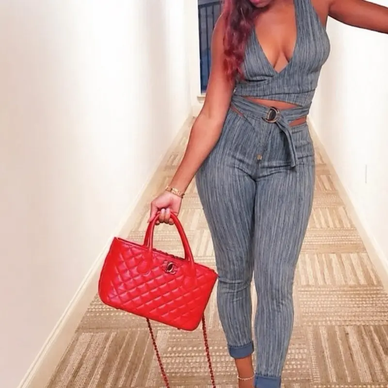 Women's Casual 2-Piece Bodied Jean Set, Stylish Top & Pants Ensemble