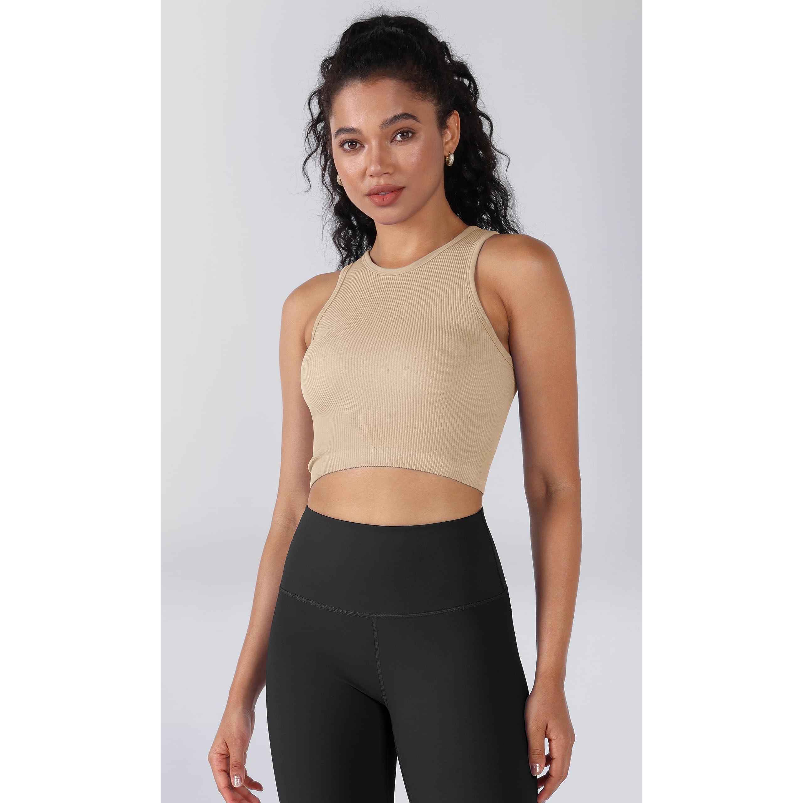 ODODOS 3-Pack Seamless Crop Tank for Women Ribbed Soft High Neck Cropped Tops