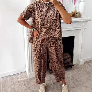 Women's 2-Piece Leopard Print Loungewear Set, 2026 Summer Cap Sleeve Tee & Drawstring Waist Barrel Pants, Casual Clothes for Travel Vacation