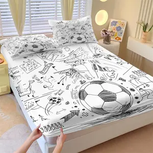 Soccer Doodle Fitted Sheet Set, 1 Fitted Sheet + 2 Pillowcases - 3 Pcs Soft Breathable Deep Pocket Bedding, Black & White Football Sketch Bed Sheets for Kids Bedroom Decor, Full Size