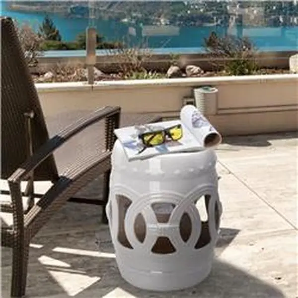 Outsunny Round Drum-Shape Ceramic Outdoor Garden Stool, Model 84B-333WT, 14x17 in, White