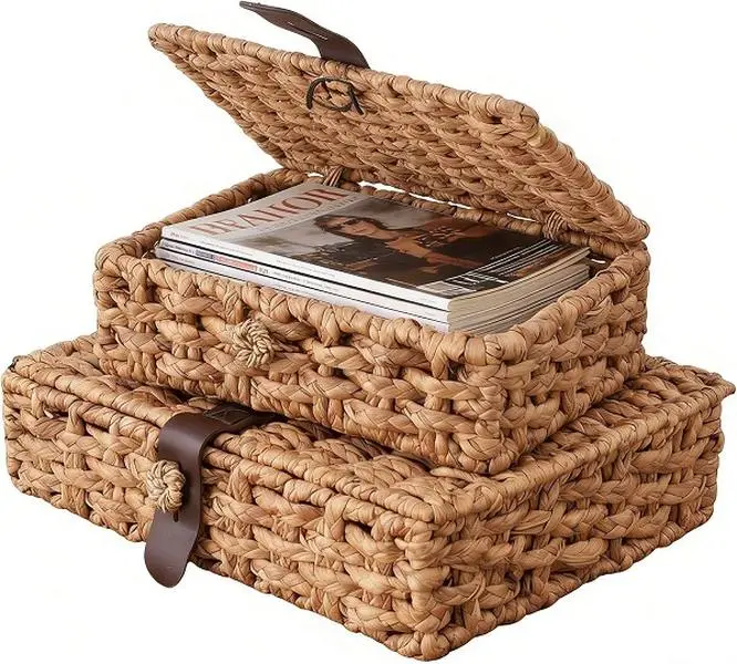 Corinne Classic Rectangle Woven Storage Baskets with Lids - 2-Piece Natural Water Hyacinth Boxes, Lightweight Eco-Friendly Handcrafted Home Organizers with Leather Buckles, Decorative Room Decor for Bedroom Clothes
