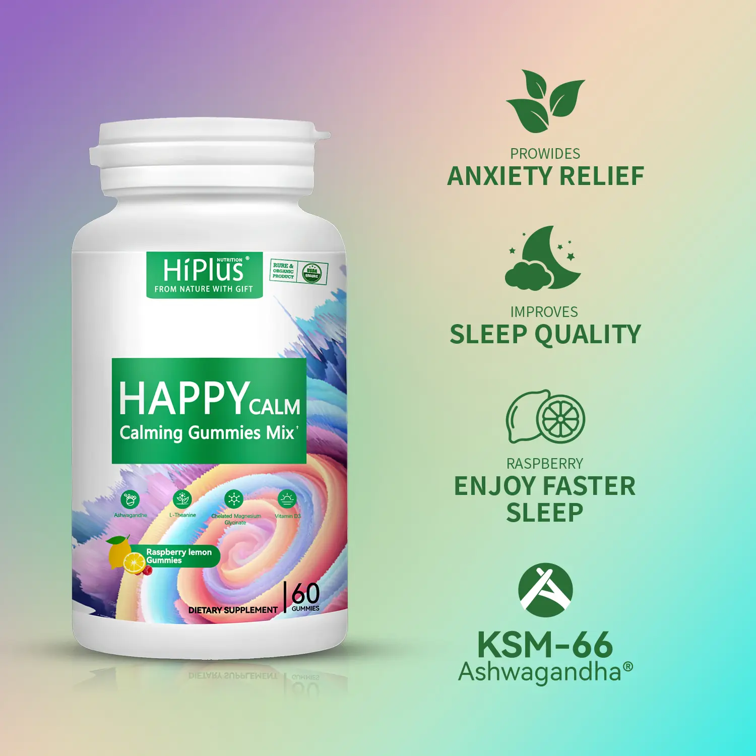 HiPlus HAPPYCALM Gummies - Raspberry Lemonade with L-Theanine, KSM-66 Ashwagandha & Magnesium Glycinate - Stress Relief & Focus Supplement, No Sugar, 60 Gummies，Stress Relief Gummies
