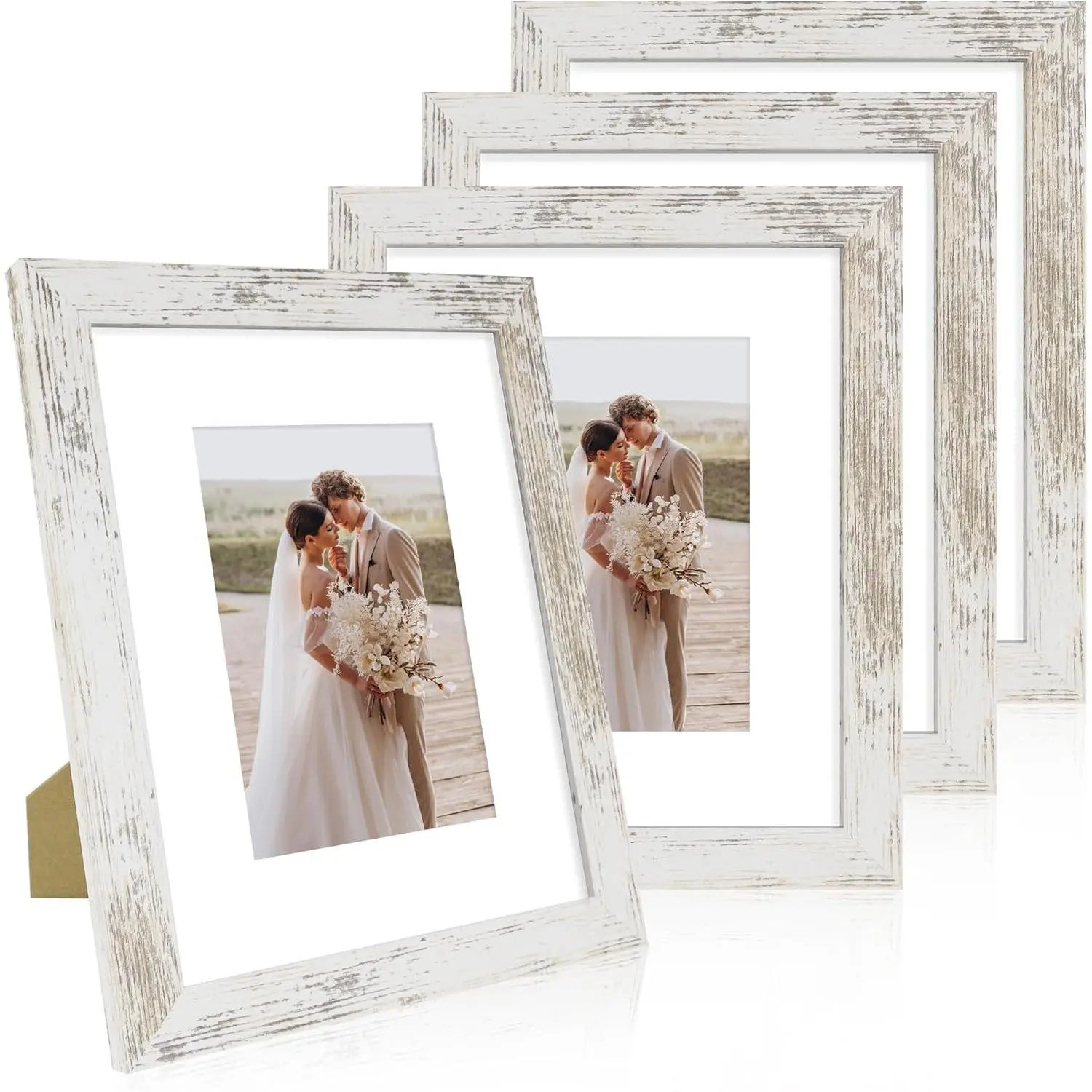Rustic Distressed White Wood Picture Frame Set (4 Pieces), Real Glass, Displays 5x7 Nostalgic Photos with Mat or 8x10 Without Mat, Home Decor for Wall/Tabletop, Room Art & Decor Inspo