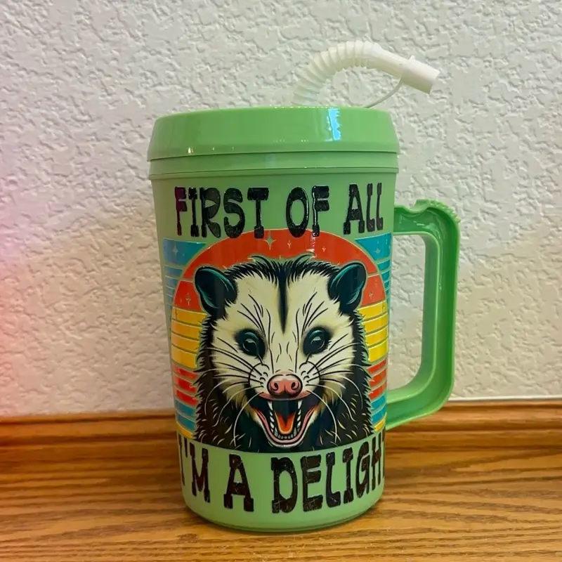 First of all, I’m a delight-34oz Trucker Mug - Perfect for Your Morning Drinks - Drinkware, Cup Reusable Tumbler Washable Coffee Beverage Lid Stylish- snarky mug- humor mug Reuse