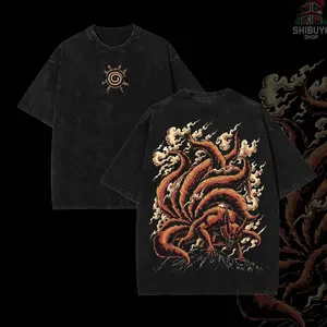[Shibuya] Kurama Nine Tailed Fox Naruto Shippuden Anime Vintage Wash Tees Unisex Acid Washed Hoodie Heavyweight Cotton, graphic men clothing streetwear 3K4