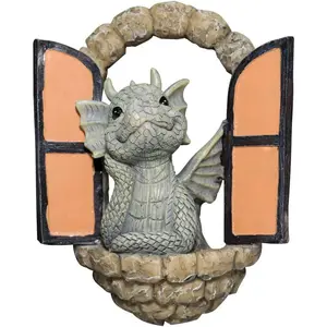 Dragon Garden Ornament  Craft Ornament Statue Fairy Door Yard Art Outdoor and Garden Solar Light Luminous Sand Open Door Dragon Wall Statue Outdoors Decor (Eye to Eye)