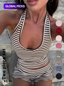 Women's Casual Striped Halter Neck Crop Top & Shorts Set, Womenswear Summer Fitted Two-Piece, Regular Length, Moderate Fabric Thickness