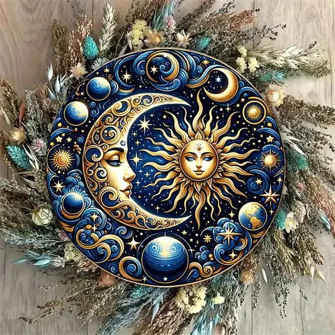 Artistic Multicolor Retro Sun-Moon Metal Print Sign - Hanging Celestial Round Aluminum Plaque, Easy-Hang Ornaments, Boho Indoor/Outdoor Home Wall Decor, Business Accent, Anniversary Spiritual Gift for Him