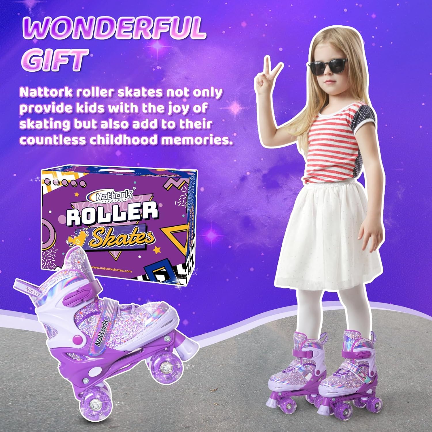 Nattork Kids' Adjustable Roller Skates for Girls (Ages 3-12, 4 Sizes), Light-Up Flashing Wheels, Triple Safety Protection with Secure Closure, Beginner Casual Skating Gear, Indoor/Outdoor Birthday Holiday Gift