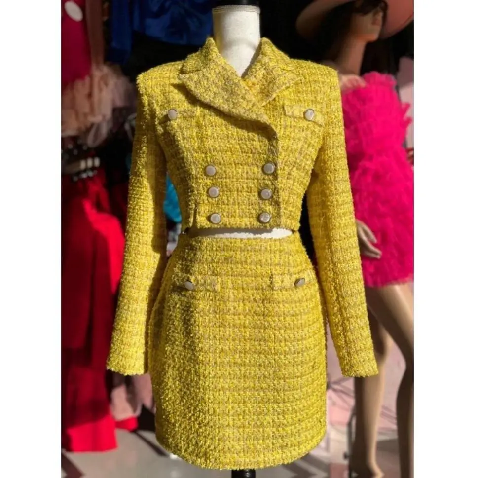 Stylish Yellow Tweed Skirt Suit