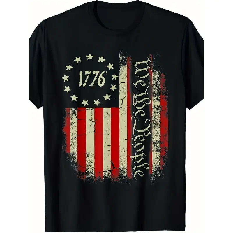 Natee USA Menswear Retro US Flag Short-Sleeve T-Shirt - Heavyweight Pure Cotton Round Neck Streetwear Top, Casual & 4th of July Outfits, Machine Washable