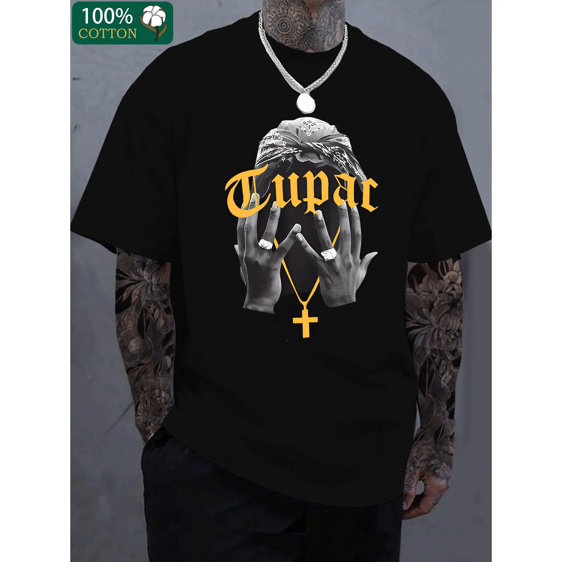 Men's 220g Thick Cotton T-Shirt - Black Graphic Tee with "TUPAC" Letter Print, Short Sleeve, Round Neck, Casual Style for Casual Attire