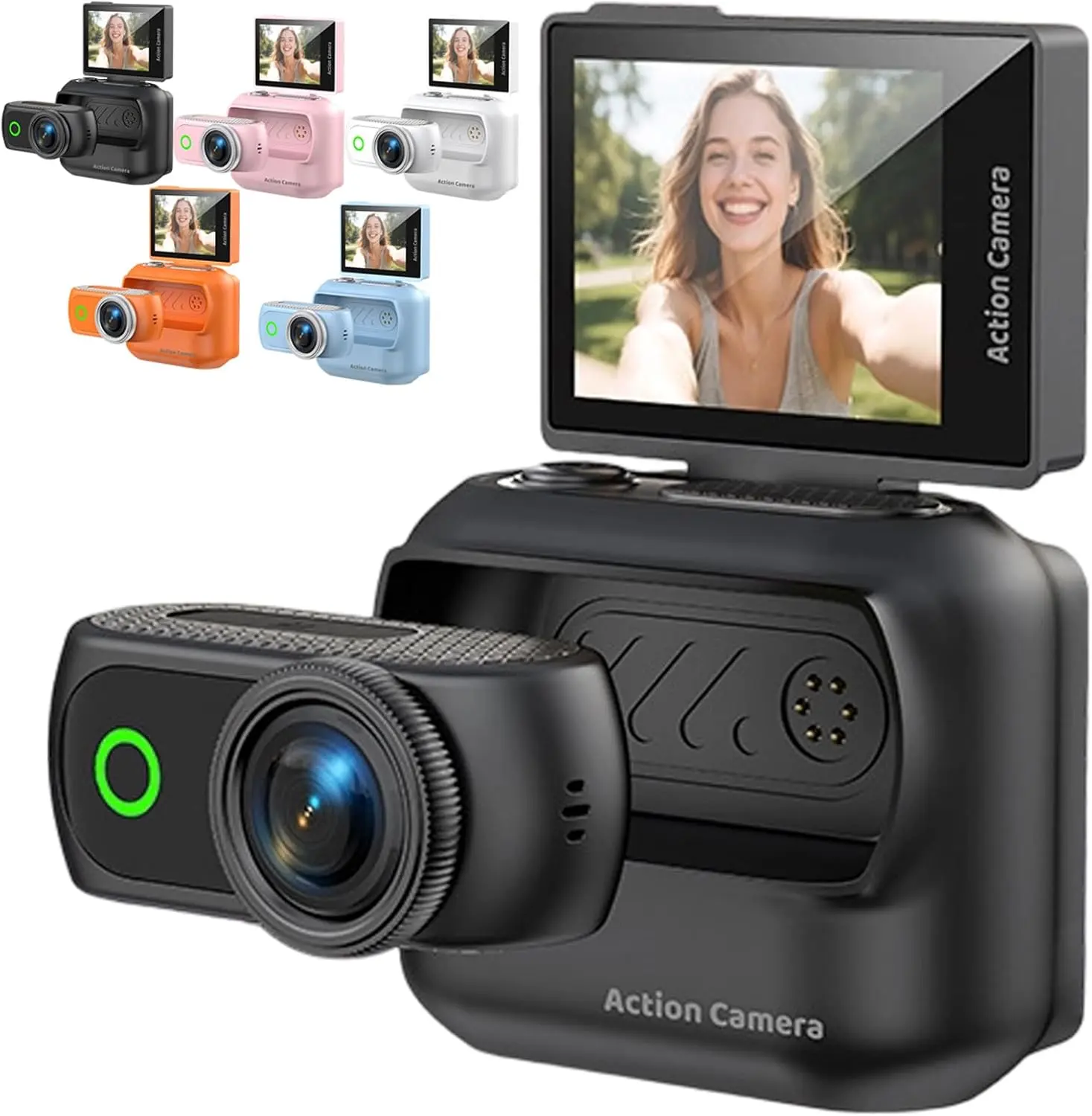 Ultra HD Action Camera with Flip Screen - Magnetic Detachable Wearable POV Vlog Camcorder, Dual Battery System, Stabilization, Mini Thumb Video Camera with Lanyard (Black) compatible with Magnet Stand