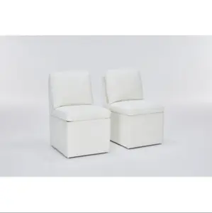 Linen Upholstered Armless Dining Chair Set of 2 Ivory Fixed Back Design with Casters & Storage Space Modern Comfortable Furniture