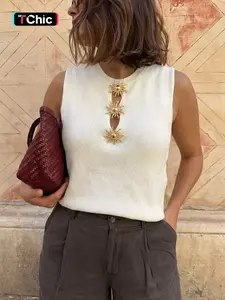 Women's Round Neck Plain Slim Fit Knitted Vest with Sun-Embossed Metal Buttons, a Boho Style Sleeveless Top for Comfortable & Stylish Daily Wear.