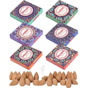 Backflow Incense Cones - 6 Mixed Natural Scents - Sandalwood, Lavender, Jasmine, Ocean, White Sage, Palo Santo, for Purification, Relaxation, Yoga, Meditation