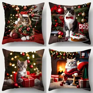 4pcs, Christmas Seasonal Throw Pillow Covers, Cute Kitten, Fireplace, Christmas Tree Ball Designs, Home Pillowcase  Pillowcase Pillow Cover Suitable for Home Sofa Decoration Home Living Room Bedroom, Single Sided Printing, No Pillow Core