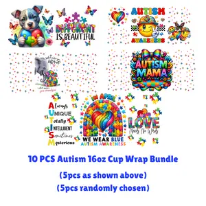 UV DTF 16 oz Cup Wrap Bundle 10PCS Autism Awareness Designs 5PCS Chosen by Seller for Unique Cup Wraps