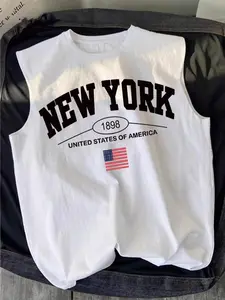 Homme Men's Casual Round Neck Sleeveless Vest with American Letter Graphic, Lightweight Knitted Stylish Summer T-Shirt for Home & Outdoor Activities