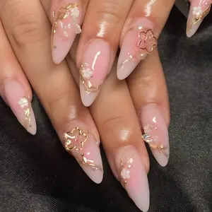 Press On Nails, Short Almond, Gold Ombre Floral Sun Totem Design, 24PCS + 5-Piece Nail Kit, Easy Apply, Perfect for Parties & Daily Wear Customized Liveroom Nail Art  Christmas gift