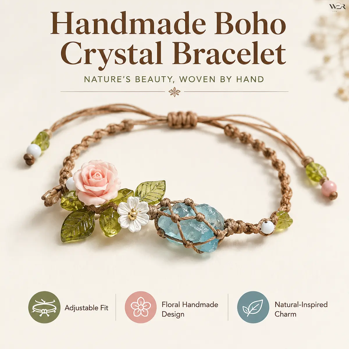 Women's Boho Floral Bracelet - Pink Rose, Blue Colored Stone, Sparkling, Elegant, Lightweight, Comfortable, Versatile, Macramé Wrap, Adjustable Size, Floral Motif, Boho Chic Outfits Accessory, Summer Gift for Daily Wear/Special Occasion