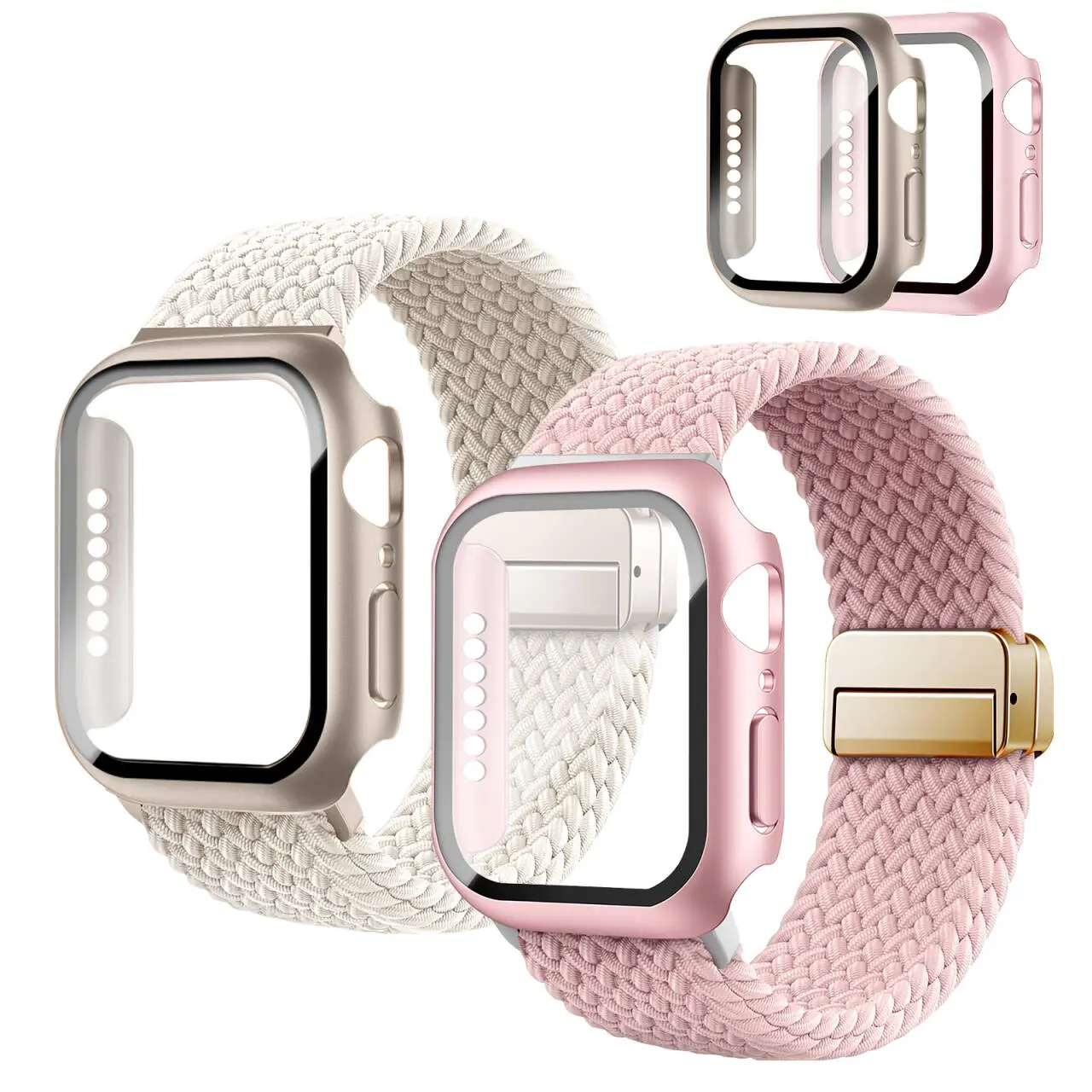 Magnetic Clasp Braided Band and Protective Case, Compatible with Apple Watch for Men & Women 40mm 44mm 41mm 45mm 42mm 46mm. Stretchy Solo Loop Strap with Protective Case + Screen Protector, Fits iWatch Series 11/SE3/10/9/8/7/6/5/4 touchscreen,sdayg atch