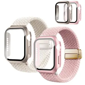 Magnetic Clasp Braided Band and Protective Case, Compatible with Apple Watch for Men & Women 40mm 44mm 41mm 45mm 42mm 46mm. Stretchy Solo Loop Strap with Protective Case + Screen Protector, Fits iWatch Series 11/SE3/10/9/8/7/6/5/4