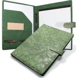 Textured Embossing Faux Leather Professional Padfolio Portfolio Binder, Letter Size Folder Organizer with Card Holder for Resume Notepad, for Men Women Business Office Conference (Green)