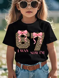 Girls' Short Sleeve Birthday T-Shirt - "I'm 6, Now I'm 7" Number 67 Meme Print, Pink Bow, Leopard Print, Kids Clothing Girls, Soft Cotton Breathable Fabric, Round Neck, for Birthday Parties, Casual Wear, Number Print