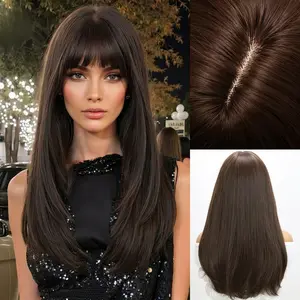 SMILCO/24-inch Cool Brown Long Straight Heat Friendly Synthetic Wig with Bangs /SM7829