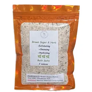 Brown Sugar & Herb Bath Salts - Fine Grain Salt for Hydrating Cleansing & Exfoliating - 2 Ounces - Self Care Formula Smooth Cosmetic Pack Soothing Cleanser Skin Repair