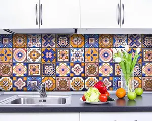 360 stand Removable Vinyl Wall Decals, 24 Pieces 4x4 in. Easy-Peel & Stick Modern Colorful Mosaic Tiles, Blue Gold & Blush for Kitchen & Home Decor, Vinyl Sticker, Decorative