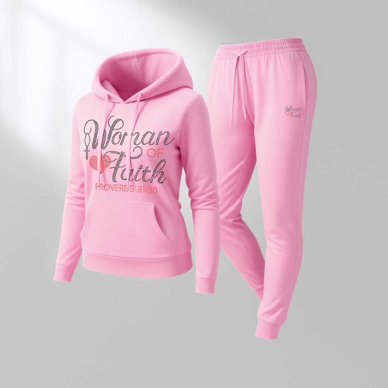 Women's Fath Forerver Print Hoodie And Drawstring Track Pants Set, Casual Sportswear, Long-Sleeved Hooded Jacket And Pants, Suitable For Autumn And Winter, Everyday Wear, Indoor And Outdoor Sportswear, Casual Sportswear.